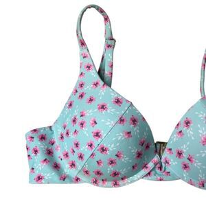 Floral Print Women's Bikini Top - Blue and Pink Medium